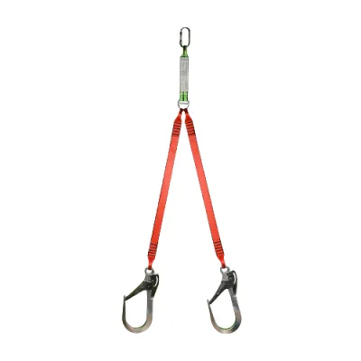 ორმაგი სარტყელი აბსორბენტით, კარაბინით და კაუჭებით